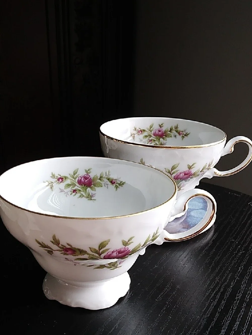 Johann Haviland Vintage White Porcelain Teacups with Pink Rose Motif Gold Trim